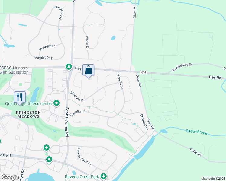 map of restaurants, bars, coffee shops, grocery stores, and more near 5 Madison Drive in Plainsboro Township