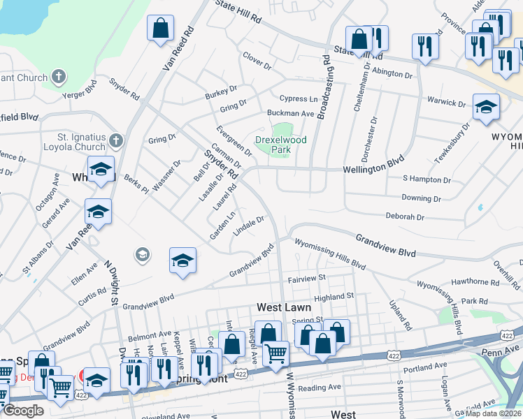 map of restaurants, bars, coffee shops, grocery stores, and more near 516 Snyder Road in Reading