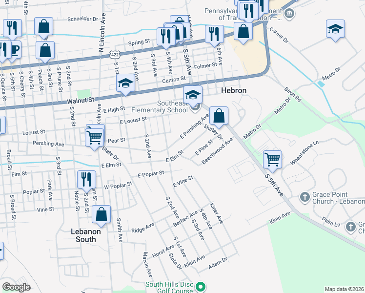 map of restaurants, bars, coffee shops, grocery stores, and more near 410 East Pershing Avenue in Lebanon