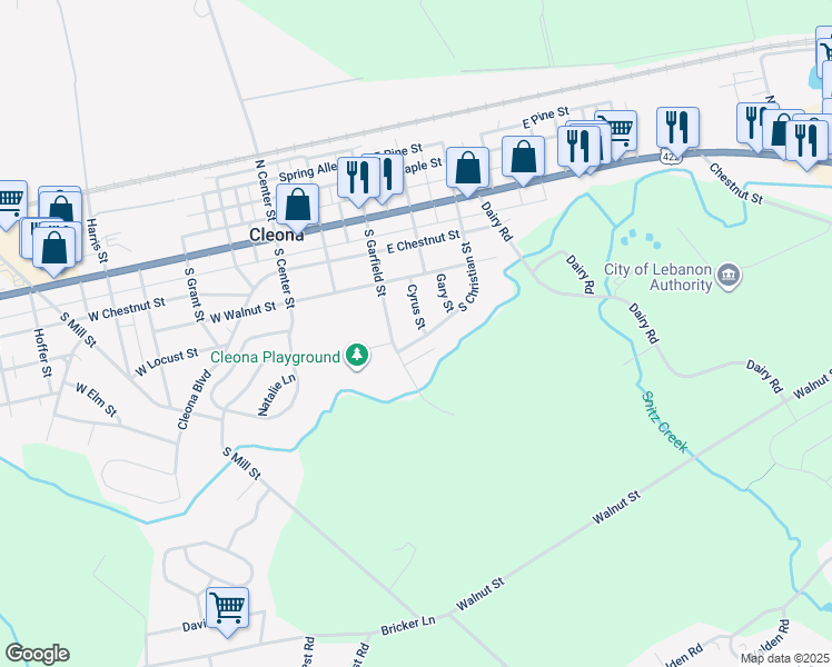 map of restaurants, bars, coffee shops, grocery stores, and more near 281 South Christian Street in Cleona