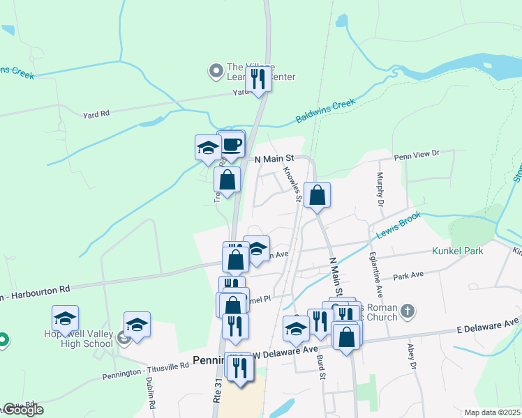 map of restaurants, bars, coffee shops, grocery stores, and more near 21 Woolsey Court in Pennington