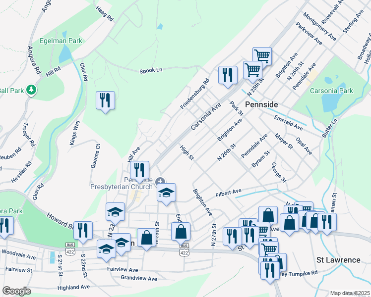 map of restaurants, bars, coffee shops, grocery stores, and more near 500 North 25th Street in Reading