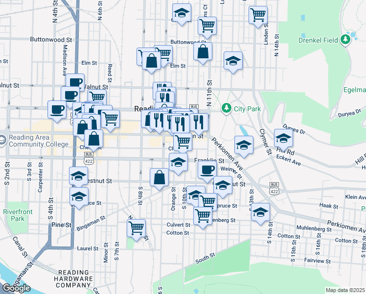 map of restaurants, bars, coffee shops, grocery stores, and more near 1000 Penn Street in Reading