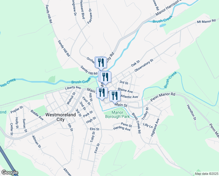 map of restaurants, bars, coffee shops, grocery stores, and more near 19 1/2 2nd Street in Manor