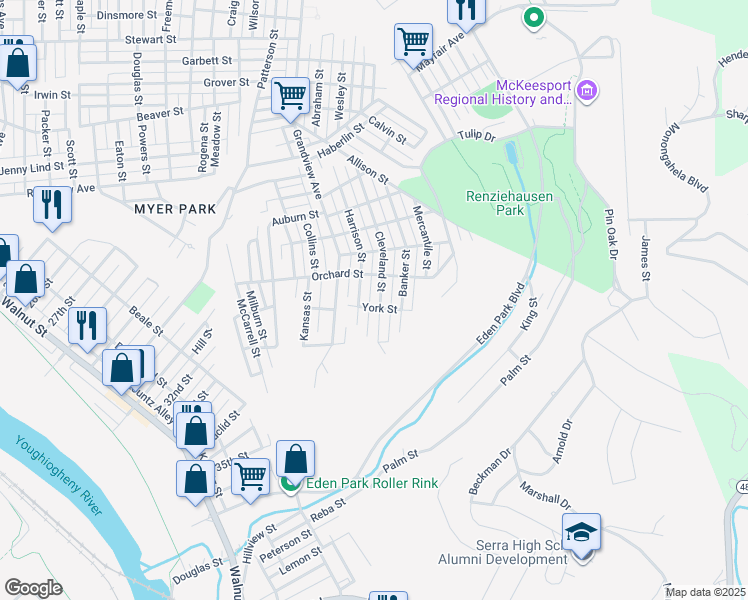 map of restaurants, bars, coffee shops, grocery stores, and more near 2603 Cleveland Street in McKeesport