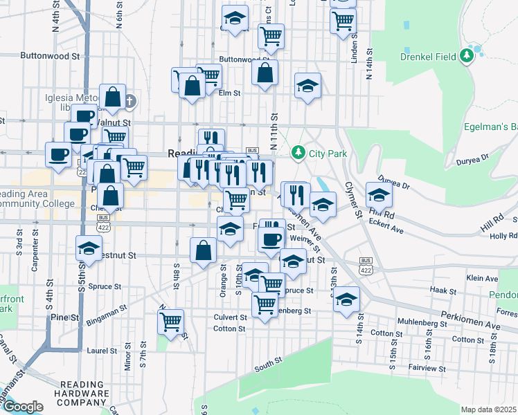 map of restaurants, bars, coffee shops, grocery stores, and more near 1040 Penn Street in Reading
