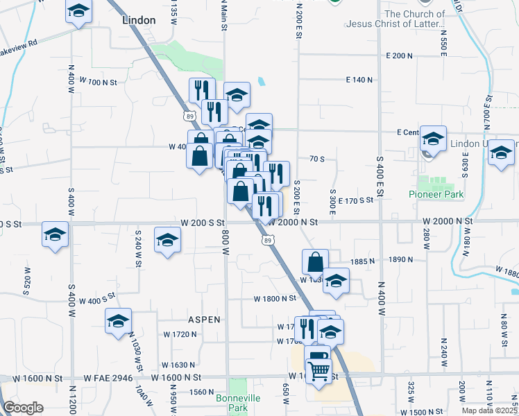 map of restaurants, bars, coffee shops, grocery stores, and more near 155 South State Street in Lindon