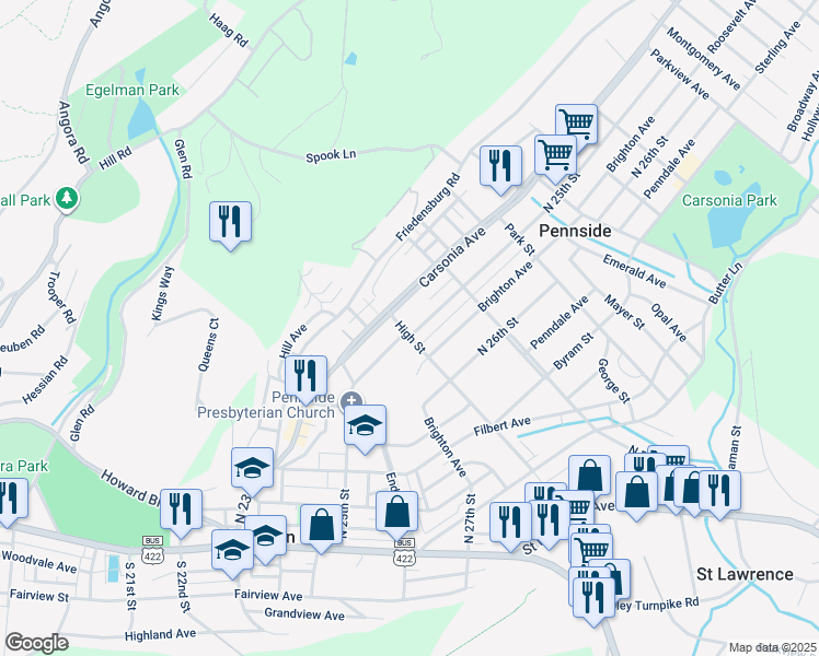 map of restaurants, bars, coffee shops, grocery stores, and more near 500 North 25th Street in Reading