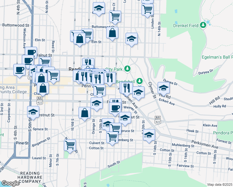 map of restaurants, bars, coffee shops, grocery stores, and more near 19 South 11th Street in Reading
