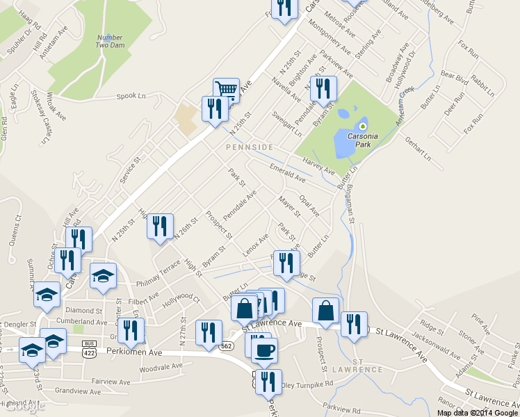 map of restaurants, bars, coffee shops, grocery stores, and more near 620 Byram Street in Reading