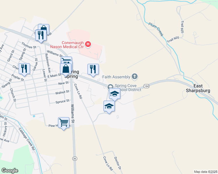 map of restaurants, bars, coffee shops, grocery stores, and more near 185 Spring Garden Circle in Roaring Spring