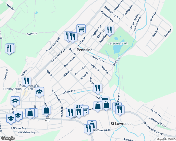 map of restaurants, bars, coffee shops, grocery stores, and more near 620 Byram Street in Reading