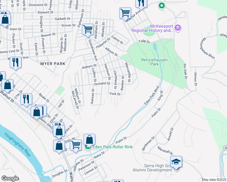 map of restaurants, bars, coffee shops, grocery stores, and more near 2603 Cleveland Street in McKeesport