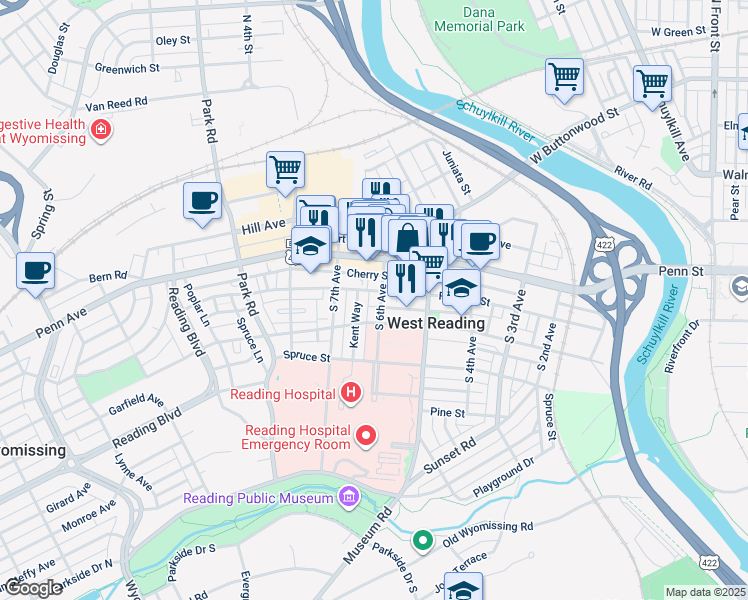 map of restaurants, bars, coffee shops, grocery stores, and more near 541 Franklin Street in West Reading