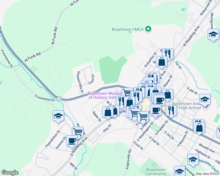 map of restaurants, bars, coffee shops, grocery stores, and more near 322 West Philadelphia Avenue in Boyertown