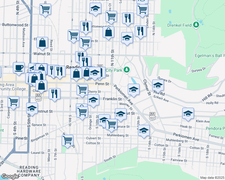 map of restaurants, bars, coffee shops, grocery stores, and more near 17 South 11th Street in Reading
