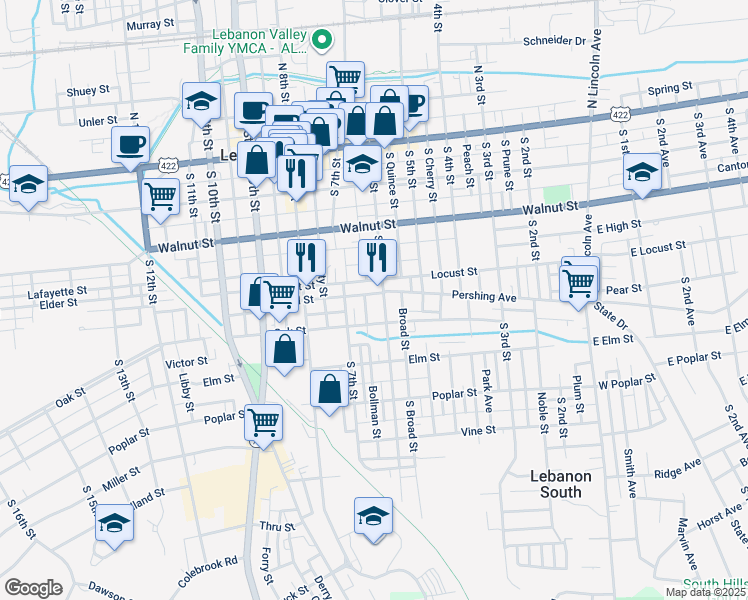 map of restaurants, bars, coffee shops, grocery stores, and more near 304 South 6th Street in Lebanon