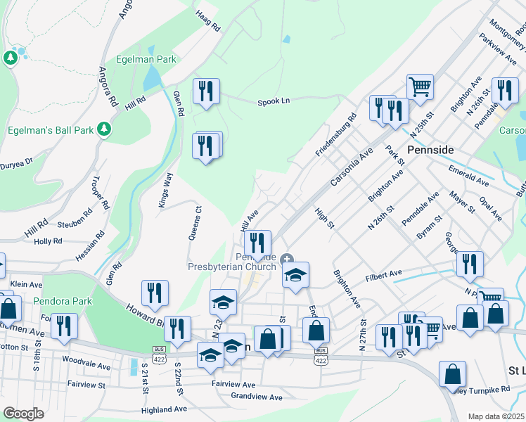 map of restaurants, bars, coffee shops, grocery stores, and more near 428 Friedensburg Road in Reading