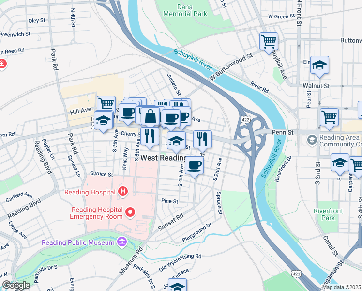 map of restaurants, bars, coffee shops, grocery stores, and more near 400 Franklin Street in Reading