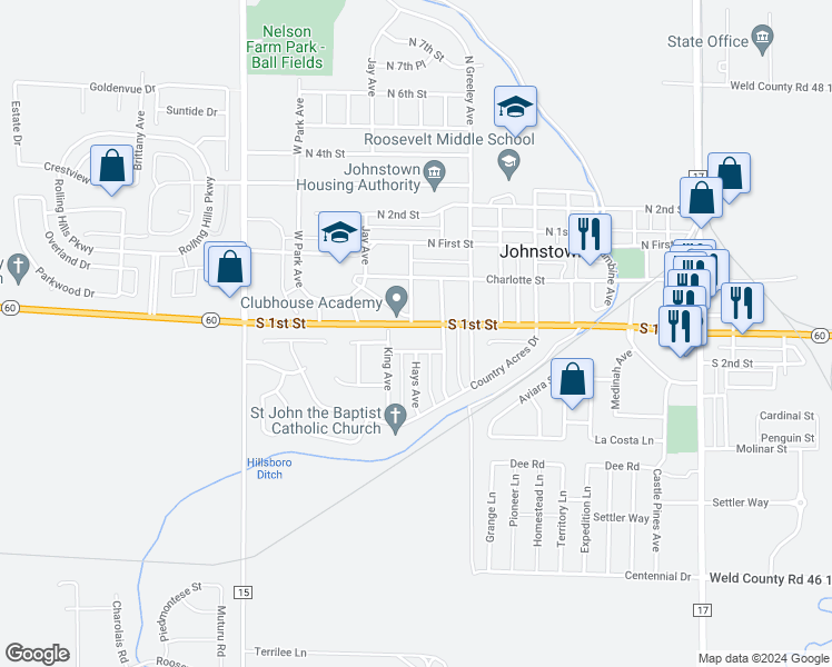 map of restaurants, bars, coffee shops, grocery stores, and more near 1005 West South 1st Street in Johnstown
