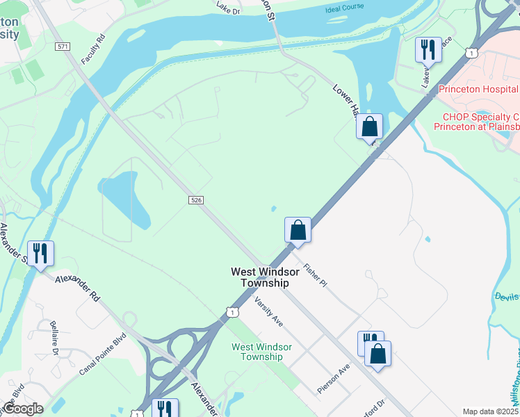 map of restaurants, bars, coffee shops, grocery stores, and more near Washington Road in Princeton