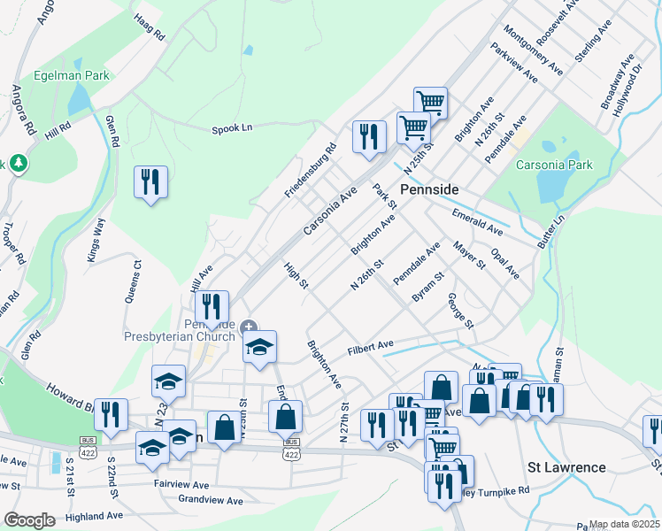 map of restaurants, bars, coffee shops, grocery stores, and more near 521 North 25th Street in Reading