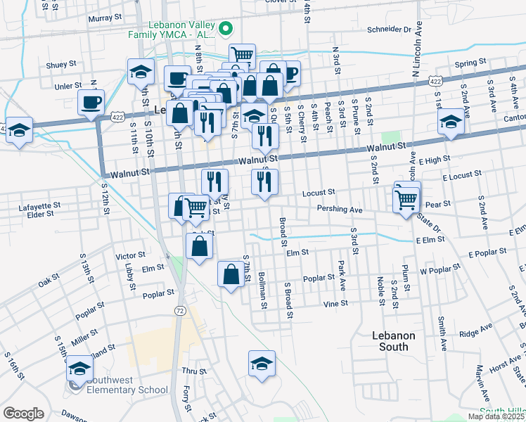 map of restaurants, bars, coffee shops, grocery stores, and more near 304 South 6th Street in Lebanon
