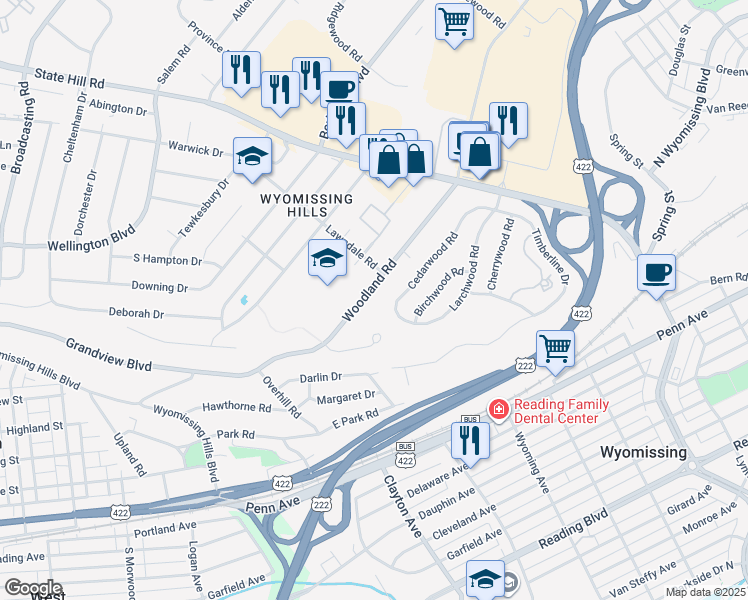 map of restaurants, bars, coffee shops, grocery stores, and more near 77 Woodland Road in Reading
