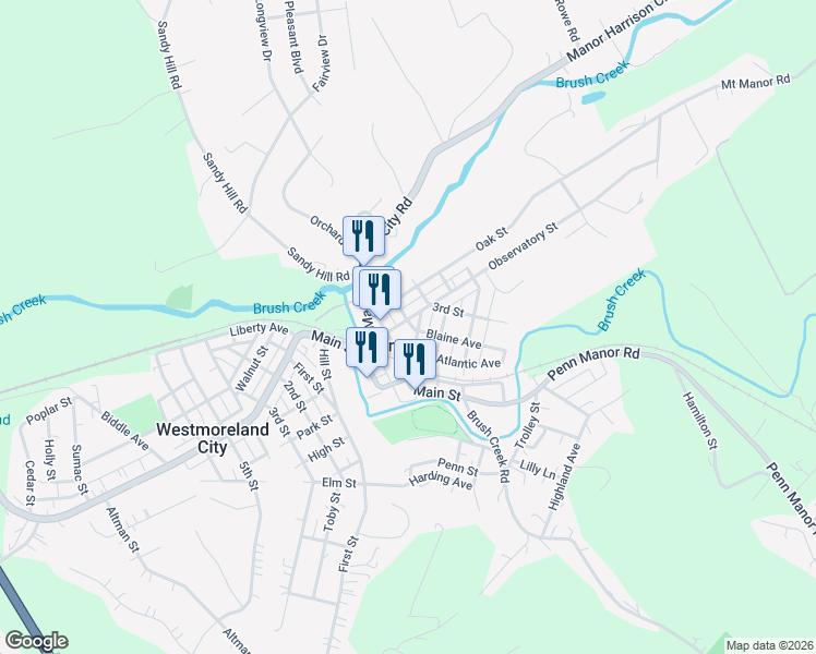 map of restaurants, bars, coffee shops, grocery stores, and more near 19 1/2 2nd Street in Manor