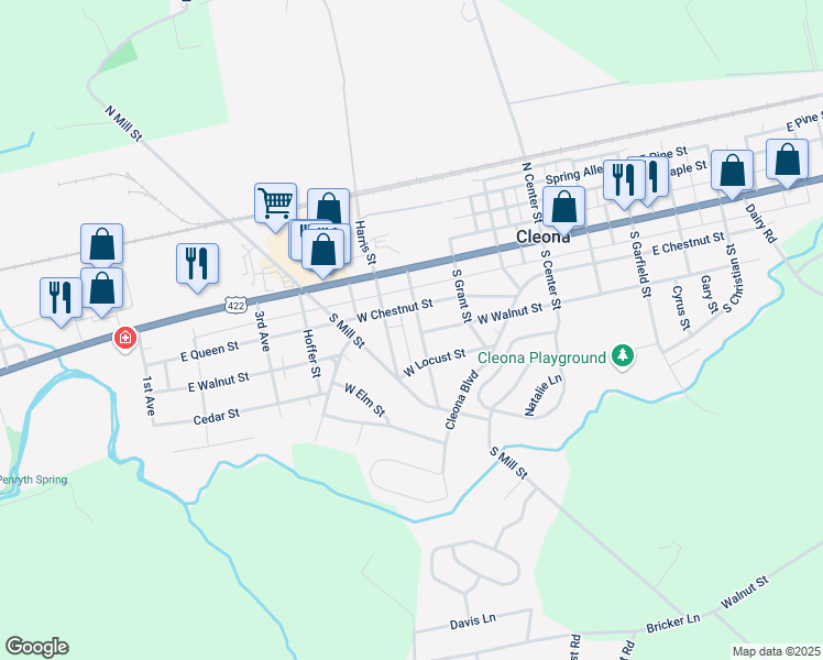 map of restaurants, bars, coffee shops, grocery stores, and more near 119 South Wilson Street in Cleona