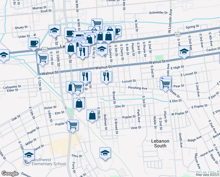 map of restaurants, bars, coffee shops, grocery stores, and more near 324 South 6th Street in Lebanon