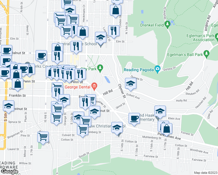 map of restaurants, bars, coffee shops, grocery stores, and more near 1305 Hill Road in Reading