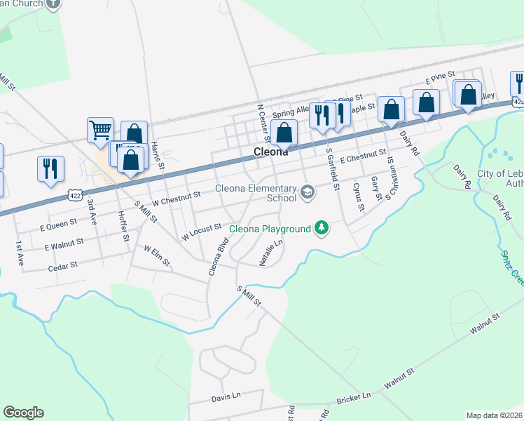 map of restaurants, bars, coffee shops, grocery stores, and more near 14 West Walnut Street in Cleona