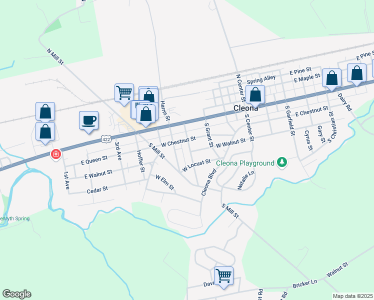 map of restaurants, bars, coffee shops, grocery stores, and more near 119 South Wilson Street in Cleona