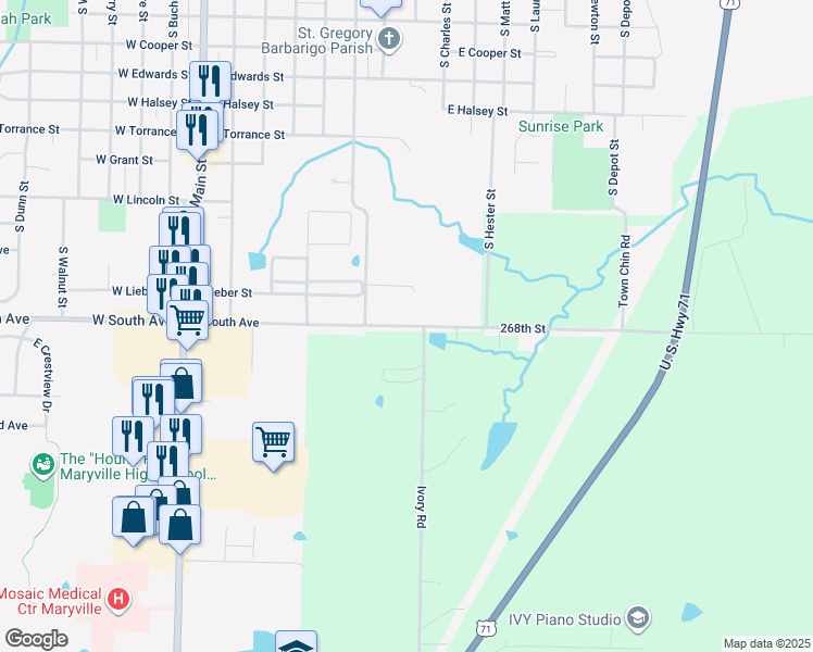 map of restaurants, bars, coffee shops, grocery stores, and more near East South Avenue in Maryville