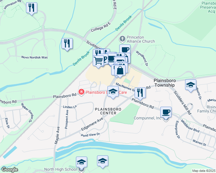 map of restaurants, bars, coffee shops, grocery stores, and more near 2 Schalks Crossing Road in Plainsboro Township