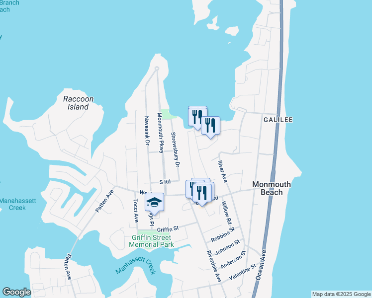 map of restaurants, bars, coffee shops, grocery stores, and more near 38 West Street in Monmouth Beach