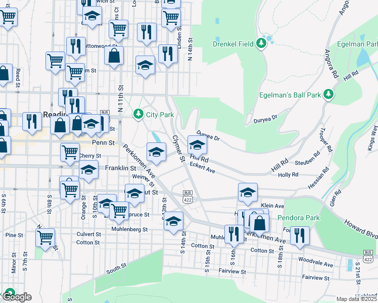 map of restaurants, bars, coffee shops, grocery stores, and more near 1405 Hill Road in Reading