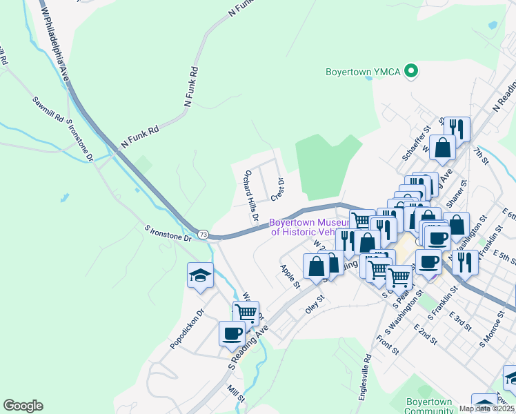 map of restaurants, bars, coffee shops, grocery stores, and more near 19 Crest Drive in Boyertown