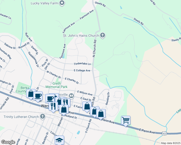 map of restaurants, bars, coffee shops, grocery stores, and more near 478 North Church Road in Wernersville