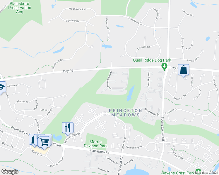 map of restaurants, bars, coffee shops, grocery stores, and more near 1124 Pheasant Hollow Drive in Princeton Meadows