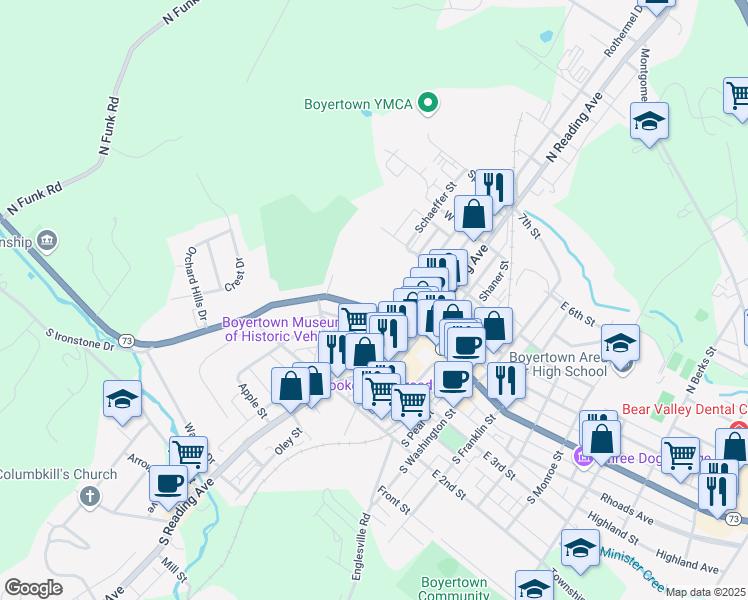 map of restaurants, bars, coffee shops, grocery stores, and more near 23 North Walnut Street in Boyertown