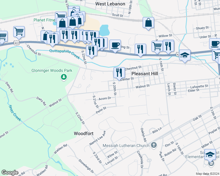 map of restaurants, bars, coffee shops, grocery stores, and more near 207 South 20th Street in Lebanon