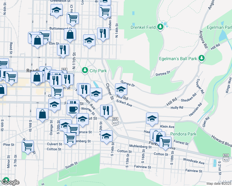 map of restaurants, bars, coffee shops, grocery stores, and more near 1405 Hill Road in Reading