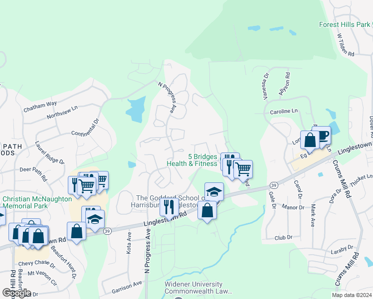 map of restaurants, bars, coffee shops, grocery stores, and more near 323 Woodland View Court in Harrisburg