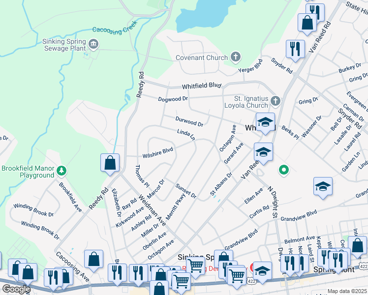 map of restaurants, bars, coffee shops, grocery stores, and more near 506 Wilshire Boulevard in Sinking Spring