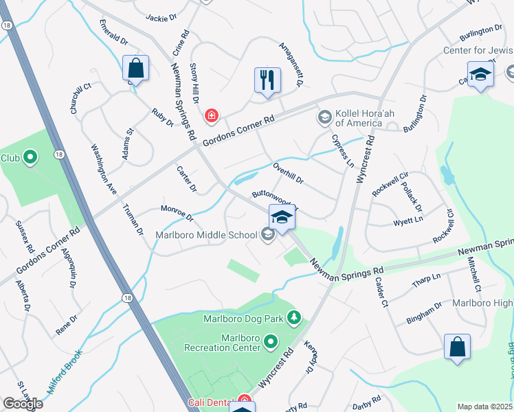 map of restaurants, bars, coffee shops, grocery stores, and more near 204 County Road 520 West in Marlboro Township