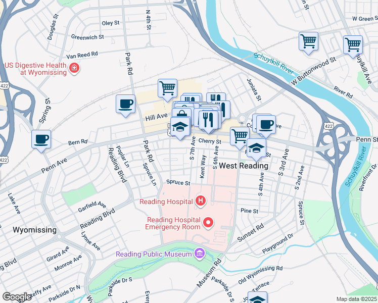 map of restaurants, bars, coffee shops, grocery stores, and more near 102 South 7th Avenue in West Reading