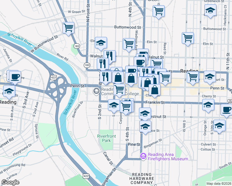 map of restaurants, bars, coffee shops, grocery stores, and more near in Reading