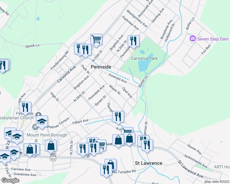 map of restaurants, bars, coffee shops, grocery stores, and more near 202 Mayer Street in Reading